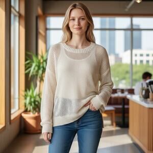 J.Crew Linen Open Weave Knit Sweater Ivory Cream Lightweight Pullover Sz S